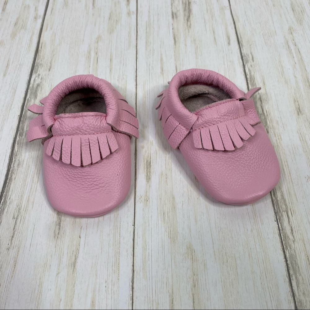 Birdrock Baby Pink Fringe Leather Moccasins